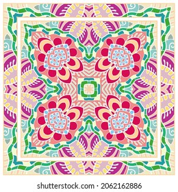  Hand drawn artistic background. Seamless pattern with ornate frame border, doodle floral ornament. Bandana shawl, tablecloth fabric print, silk neck scarf, kerchief design. Vector illustration