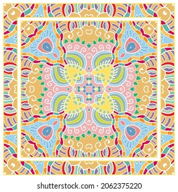  Hand drawn artistic background. Seamless pattern with ornate frame border, doodle floral ornament. Bandana shawl, tablecloth fabric print, silk neck scarf, kerchief design. Vector illustration
