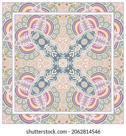  Hand drawn artistic background. Seamless pattern with ornate frame border, doodle floral ornament. Bandana shawl, tablecloth fabric print, silk neck scarf, kerchief design. Vector illustration