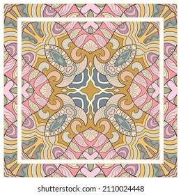  Hand drawn artistic background. Seamless pattern with ornate frame border, doodle floral ornament. Bandana shawl, tablecloth fabric print, silk neck scarf, kerchief design. Vector illustration