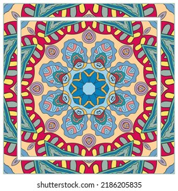  Hand drawn artistic background. Seamless pattern with ornate frame border, doodle floral ornament. Bandana shawl, tablecloth fabric print, silk neck scarf, kerchief design. Vector illustration
