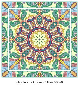  Hand drawn artistic background. Seamless pattern with ornate frame border, doodle floral ornament. Bandana shawl, tablecloth fabric print, silk neck scarf, kerchief design. Vector illustration