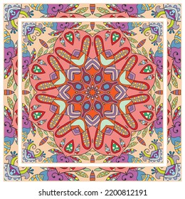  Antecedentes artísticos dibujados a mano. Patrón sin foco con borde de marco ornamentado, adorno floral de garabato. Chal de andana, estampado de tela de manteles, pañuelo de cuello de seda, diseño de pañuelos. Ilustración del vector