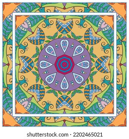  Hand drawn artistic background. Seamless pattern with ornate frame border, doodle floral ornament. Bandana shawl, tablecloth fabric print, silk neck scarf, kerchief design. Vector illustration