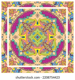 Hand drawn artistic background. Seamless pattern with ornate frame border, doodle floral ornament. Bandana shawl, tablecloth fabric print, silk neck scarf, kerchief design. Vector illustration