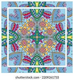 Handgezeichneter künstlerischer Hintergrund. Nahtloses Muster mit orangefarbenem Rahmen, doodle Blumenschmuck. Bandana-Schal, Tischdecken-Stoffdruck, Seidenhalsschal, Kerzendesign. Vektorgrafik