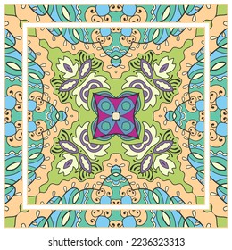  Antecedentes artísticos dibujados a mano. Patrón sin foco con borde de marco ornamentado, adorno floral de garabato. Chal de andana, estampado de tela de manteles, pañuelo de cuello de seda, diseño de pañuelos. Ilustración del vector