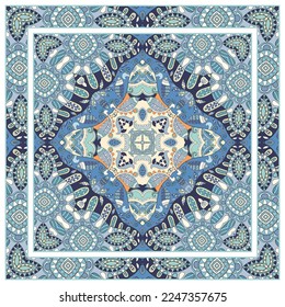  Hand drawn artistic background. Seamless pattern with ornate frame border, doodle floral ornament. Bandana shawl, tablecloth fabric print, silk neck scarf, kerchief design. Vector illustration