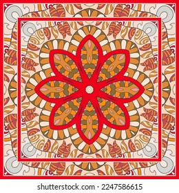  Hand drawn artistic background. Seamless pattern with ornate frame border, doodle floral ornament. Bandana shawl, tablecloth fabric print, silk neck scarf, kerchief design. Vector illustration