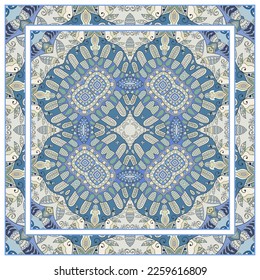  Hand drawn artistic background. Seamless pattern with ornate frame border, doodle floral ornament. Bandana shawl, tablecloth fabric print, silk neck scarf, kerchief design. Vector illustration
