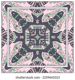  Antecedentes artísticos dibujados a mano. Patrón sin foco con borde de marco ornamentado, adorno floral de garabato. Chal de andana, estampado de tela de manteles, pañuelo de cuello de seda, diseño de pañuelos. Ilustración del vector