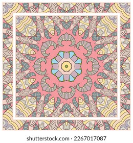  Antecedentes artísticos dibujados a mano. Patrón sin foco con borde de marco ornamentado, adorno floral de garabato. Chal de andana, estampado de tela de manteles, pañuelo de cuello de seda, diseño de pañuelos. Ilustración del vector