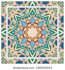  Antecedentes artísticos dibujados a mano. Patrón sin foco con borde de marco ornamentado, adorno floral de garabato. Chal de andana, estampado de tela de manteles, pañuelo de cuello de seda, diseño de pañuelos. Ilustración del vector
