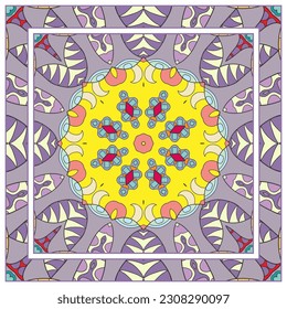  Hand drawn artistic background. Seamless pattern with ornate frame border, doodle floral ornament. Bandana shawl, tablecloth fabric print, silk neck scarf, kerchief design. Vector illustration