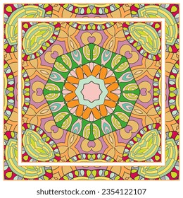  Hand drawn artistic background. Seamless pattern with ornate frame border, doodle floral ornament. Bandana shawl, tablecloth fabric print, silk neck scarf, kerchief design. Vector illustration