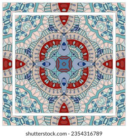  Antecedentes artísticos dibujados a mano. Patrón sin foco con borde de marco ornamentado, adorno floral de garabato. Chal de andana, estampado de tela de manteles, pañuelo de cuello de seda, diseño de pañuelos. Ilustración del vector