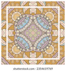  Hand drawn artistic background. Seamless pattern with ornate frame border, doodle floral ornament. Bandana shawl, tablecloth fabric print, silk neck scarf, kerchief design. Vector illustration