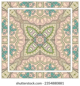  Hand drawn artistic background. Seamless pattern with ornate frame border, doodle floral ornament. Bandana shawl, tablecloth fabric print, silk neck scarf, kerchief design. Vector illustration