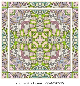  Hand drawn artistic background. Seamless pattern with ornate frame border, doodle floral ornament. Bandana shawl, tablecloth fabric print, silk neck scarf, kerchief design. Vector illustration