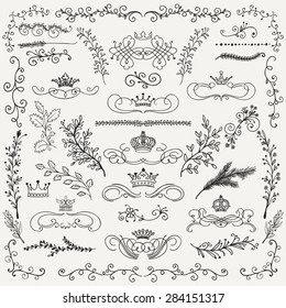 Hand Drawn Artistic Black Doodle Design Elements. Decorative Floral Crowns, Dividers, Branches, Swirls, Wreaths. Vintage Hand Sketched Vector Illustration. Pattern Brashes