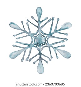 Hand drawn artistic blue snowflake with watercolor paper texture. Can be used for printed materials, prints, posters, cards, logo and web social media. Abstract background. Drawn decorative elements.