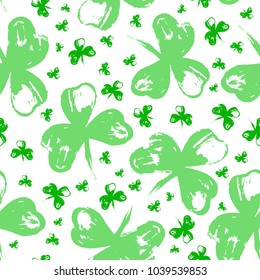 Hand Drawn Artistic Brush Clover Seamless Pattern. Saint Patrick's Day. Symbol of Ireland. Vector