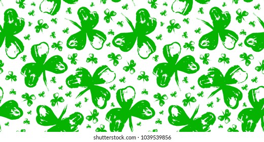 Hand Drawn Artistic Brush Clover Seamless Pattern. Saint Patrick's Day. Symbol of Ireland. Vector