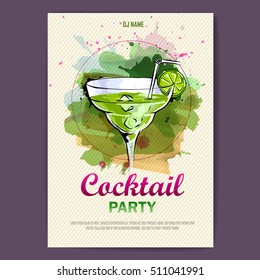 Hand drawn artistic cocktail disco poster. Watercolor paint