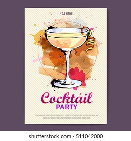 Hand drawn artistic cocktail disco poster. Watercolor paint