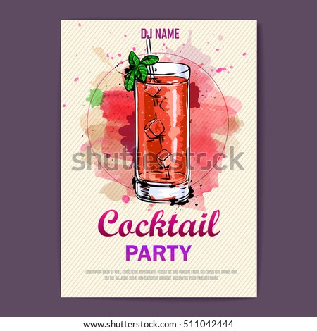 Hand drawn artistic cocktail disco poster. Watercolor paint