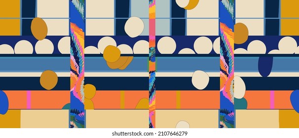 Hand drawn artistic collage colorful trendy pattern. Dynamic abstract various shapes and textures. Fashionable template for design. Modern cartoon style. 