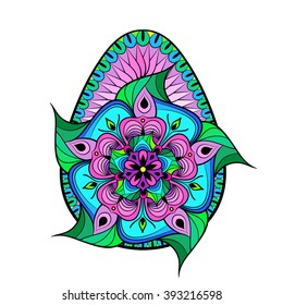 Hand drawn artistic color Easter egg stylized in zentangle style. Patterned Vector illustration with floral elements isolated on white background. Sketch for adult antistress coloring page.