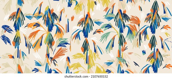 Hand drawn artistic colorful abstract palm trees print. Creative collage vintage style seamless pattern. Fashionable template for design.