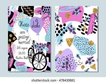 Hand drawn artistic creative cards collection. Collage stylish design. save the date.