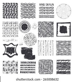 Hand drawn artistic Creative Ink  textures set . Pattern,point brushes,drop,wavy,geometric background.For design template,invitations, holiday.Sketched Vector