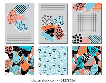 Hand drawn artistic creative universal cards collection with different textures. Collage stylish design. 