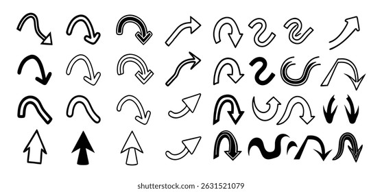 Hand drawn artistic curved arrows vector illustration set with numbers and symbols