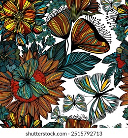 Dibujado a mano artístico de flores de margarita sin patrón. Estampado floral con mariposas. Esquemas expresivos, no IA, Ilustración vectorial.