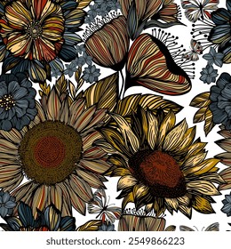 Hand Drawn Artistic Daisy Flowers Seamless Pattern. Blotched Floral Print with butterflies. Expressive Outlines, Retro Fashion Design hand drawing. Not AI, Vector illustration.