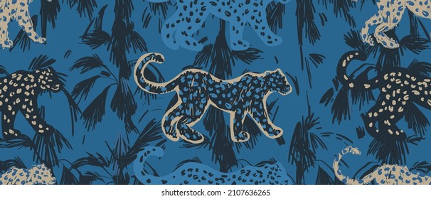 Hand drawn artistic dark blue tones pattern with leopards. Abstract collage contemporary seamless pattern. Fashionable template for design.