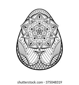 Hand drawn artistic Easter egg stylized in zentangle style. Patterned Vector illustration with floral elements isolated on white background. Sketch for greeting card, t-shirt.