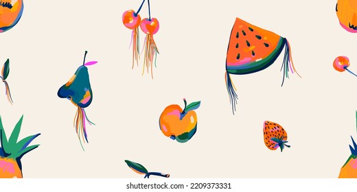 Hand drawn artistic embroidery fruits pattern. Collage playful contemporary print. Fashionable template for design.