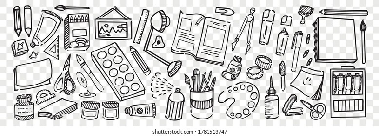 Hand drawn artistic equipment doodle set. Collection pencil chalk drawing sketches scissors notebook brush paintings glue on transparent background. Various goods for making art pictures illustration.