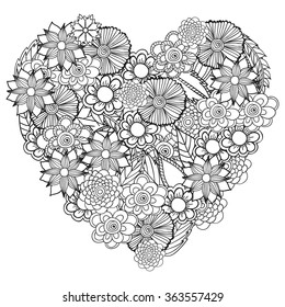 Hand drawn artistic ethnic ornamental patterned floral frame in doodle, zentangle style for adult coloring pages, tattoo, t-shirt or prints. Vector spring illustration.heart of flowers