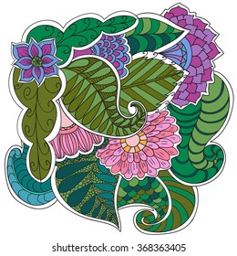 Hand drawn artistic ethnic ornamental patterned floral frame in doodle, zentangle style.Abstract vector decorative nature floral backgrounds. Template frame design for card.