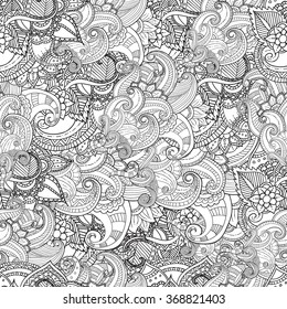 Hand Drawn Artistic Ethnic Ornamental Patterned Floral Frame In Doodle, Zentangle Style For Adult Coloring Pages, T-shirt Or Prints. Vector Spring Illustration.seamless Pattern