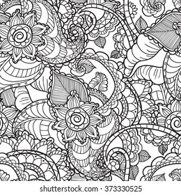 Hand drawn artistic ethnic ornamental patterned floral frame in doodle, zentangle style for adult coloring pages, t-shirt or prints. Vector spring illustration.seamless pattern