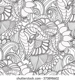 Hand drawn artistic ethnic ornamental patterned floral frame in doodle, zentangle style for adult coloring pages, t-shirt or prints. Vector spring illustration.seamless pattern