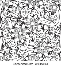 Hand drawn artistic ethnic ornamental patterned floral frame in doodle, zentangle style for adult coloring pages, t-shirt or prints. Vector spring illustration.seamless pattern