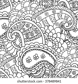 Hand drawn artistic ethnic ornamental patterned floral frame in doodle, zentangle style for adult coloring pages, t-shirt or prints. Vector spring illustration.seamless pattern
